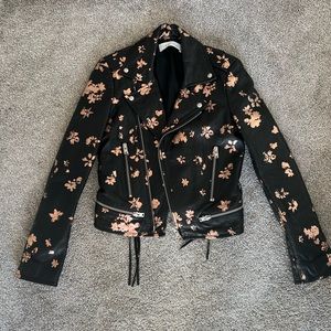 IRO black leather moto jacket with hand-painted rose-gold floral motif